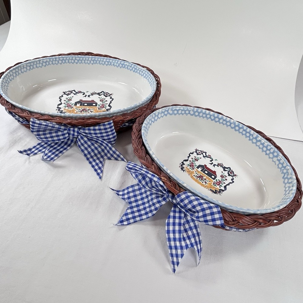 1995 Teamson Stoneware Casserole Bake Dishes 9" and 10.5" Wicker Basket Vintage